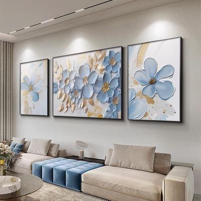 奶油风花卉客厅装饰画大芬村油画肌理高级感沙发背景墙壁挂画三联