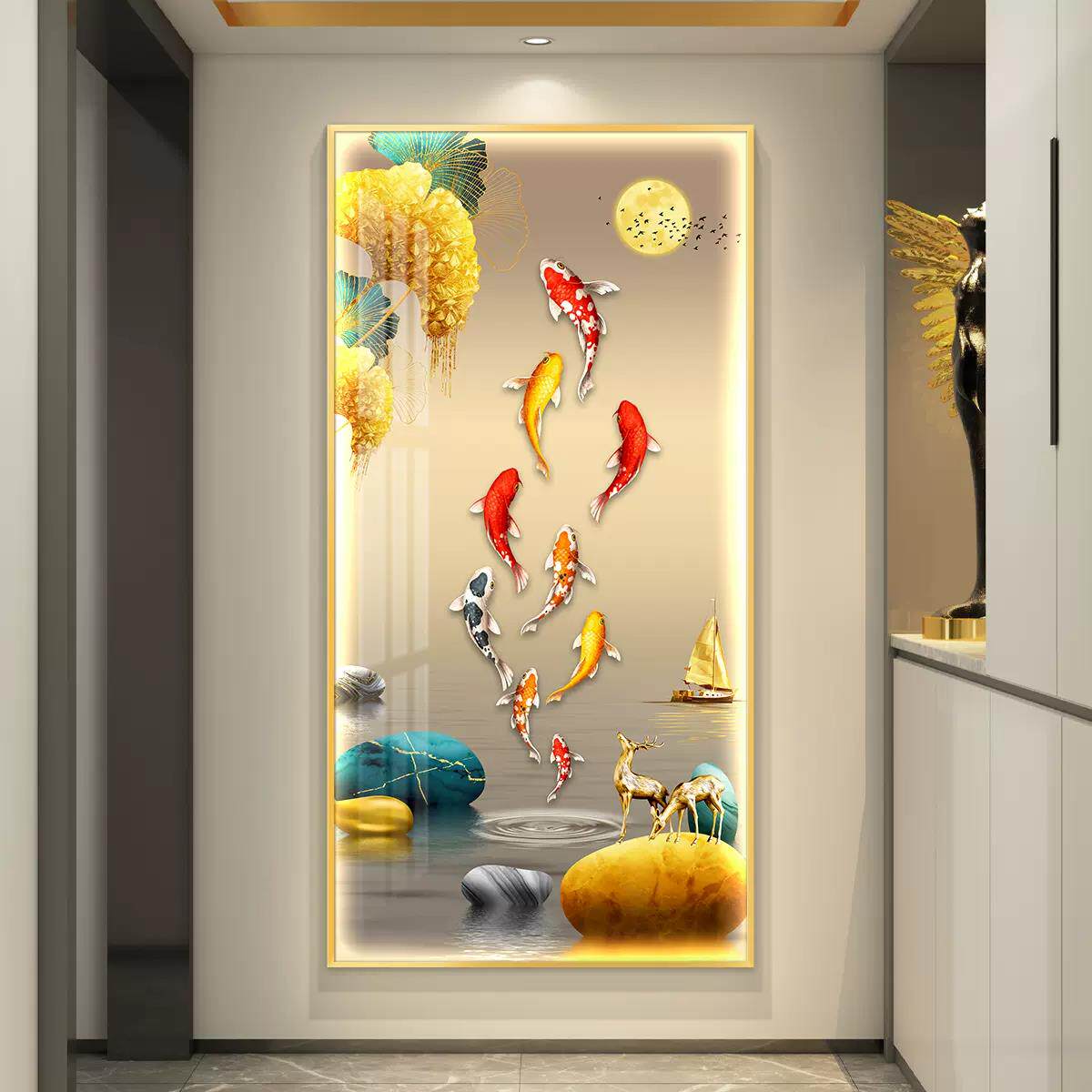 灯画装饰画九鱼图走廊过道画led带灯玄关画2024新款正对门背景墙