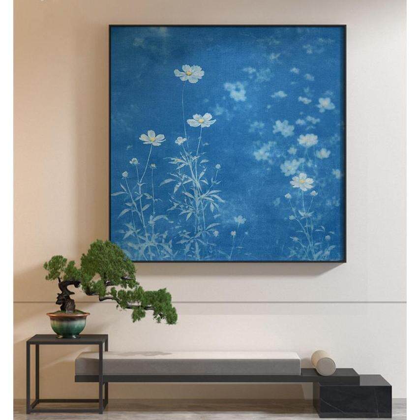 《蓝花》现代极简蓝底白花艺术客厅温柔感方形装饰画卧室床头挂画