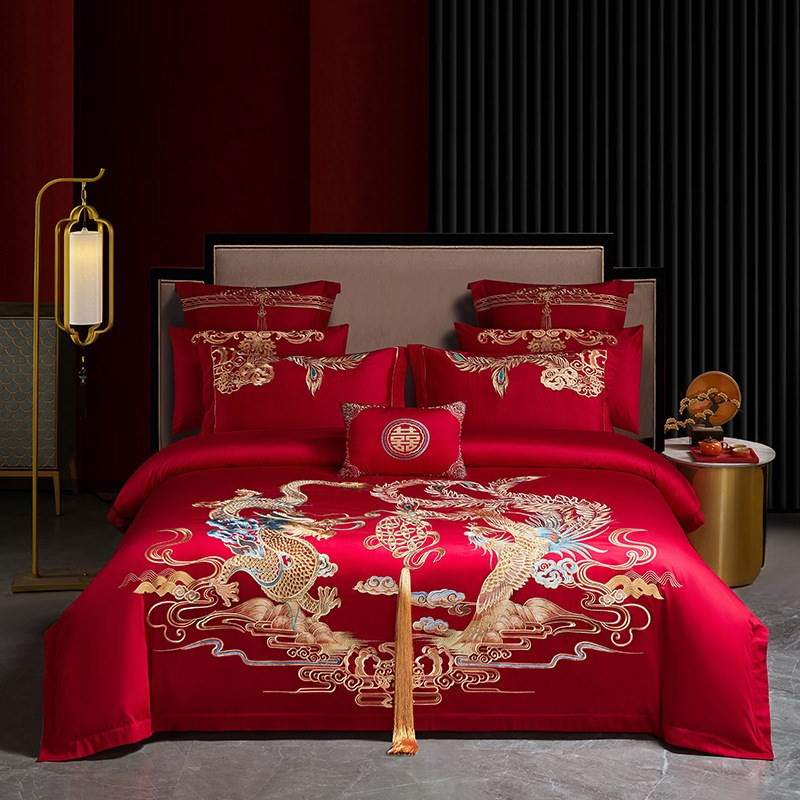 结婚四件套红色长绒棉刺绣花婚床婚礼喜被高档婚庆多件套床上用品