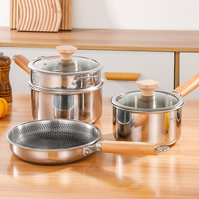 加厚304不锈钢奶锅汤锅泡面锅家用带蒸格奶锅木柄汤锅煎煮不粘锅