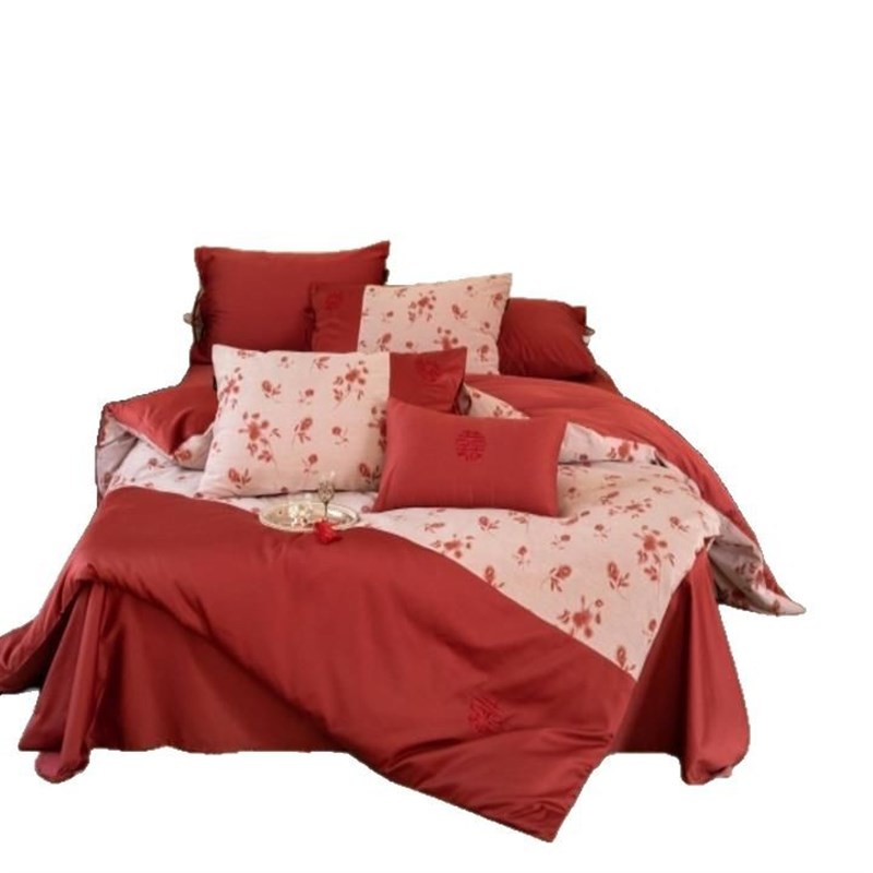 新中式婚庆色织提花长绒棉四件套红色婚嫁系列床单被套床上用品