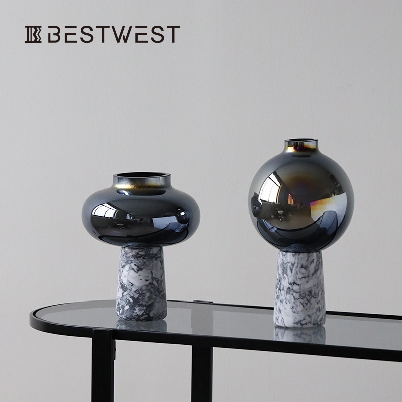 博西家居 中古风大理石花器摆件轻奢家居样板间玻璃花瓶软装饰品