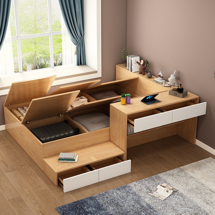 批小户型榻榻米衣柜组合高箱储物床书架书桌一体床儿童多功能收纳