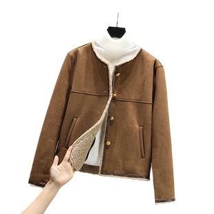 羊羔毛外套女冬短款小个子加厚加绒小香风设计感皮毛一体上衣外套