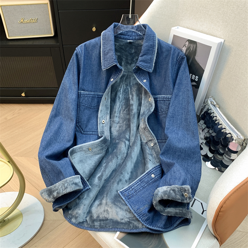 秋冬加绒加厚保暖长袖牛仔衬衫女