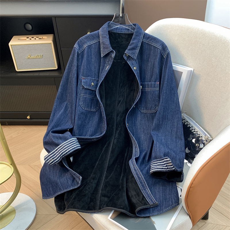 中长款加绒加厚保暖牛仔衬衫女