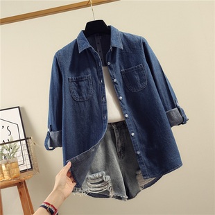 新款 衬衫 韩版 牛仔打底混搭小口袋深色长袖 女潮 棉质基础款 2020春季