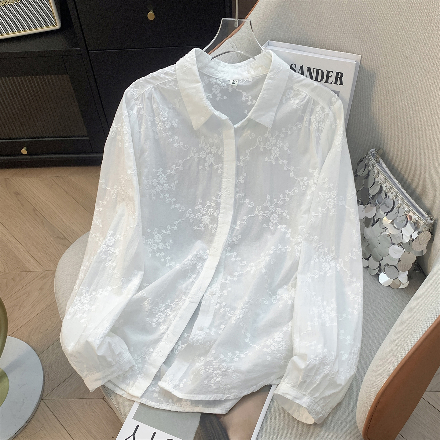 春秋提花刺绣纯棉白衬衣女长袖