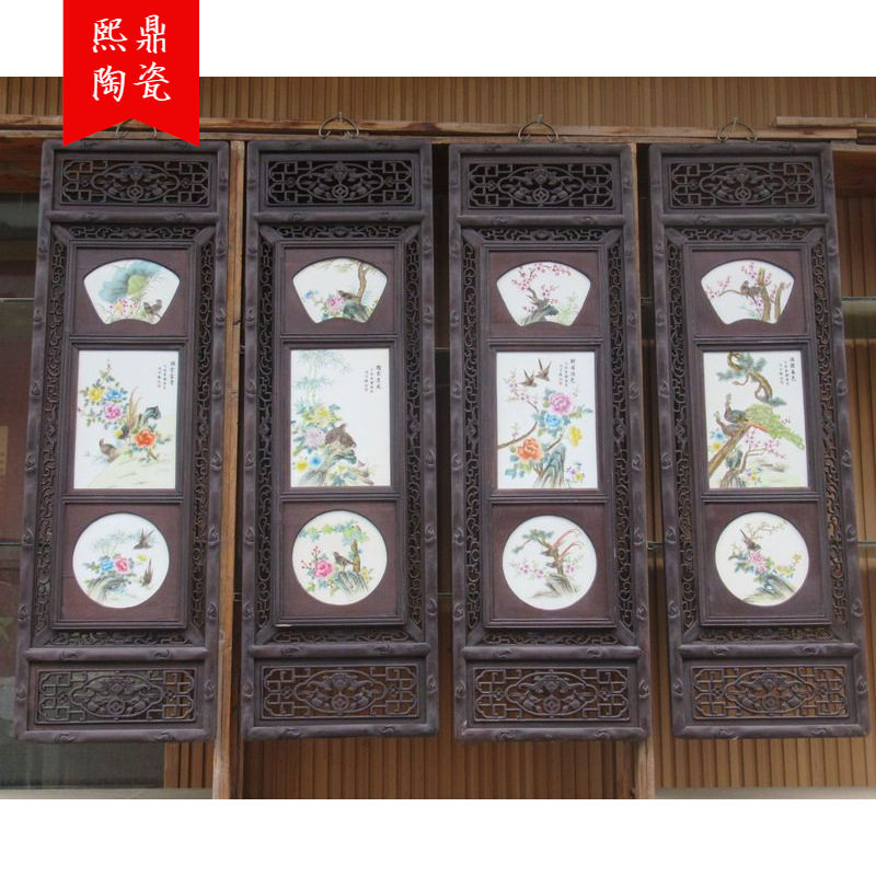 手绘陶瓷瓷板画四季花鸟中式古典装饰画客厅四联有框画陶瓷工艺