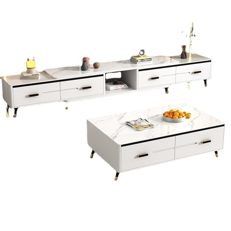 全实木岩板电视柜茶几组合客厅现代简约伸缩地柜小户型岩板视听柜