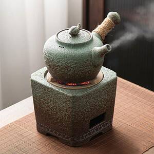 陶怡 粗陶窑变炭炉组合 围炉煮茶耐高温四方碳炉 家用复古侧把壶