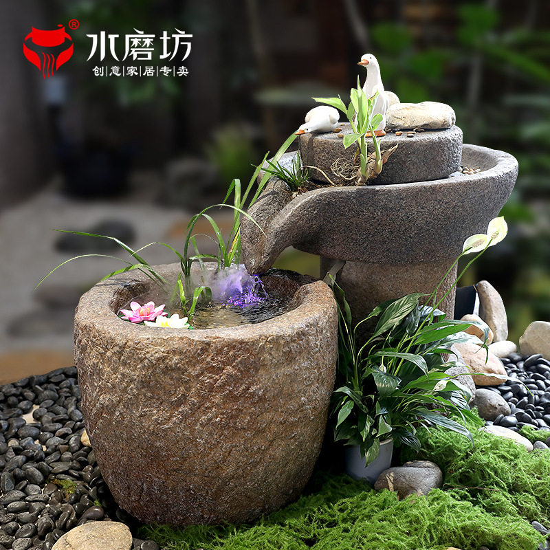 庭院花园创意石磨盘流水鱼池假山造景客厅阳台循环水景观落地摆件