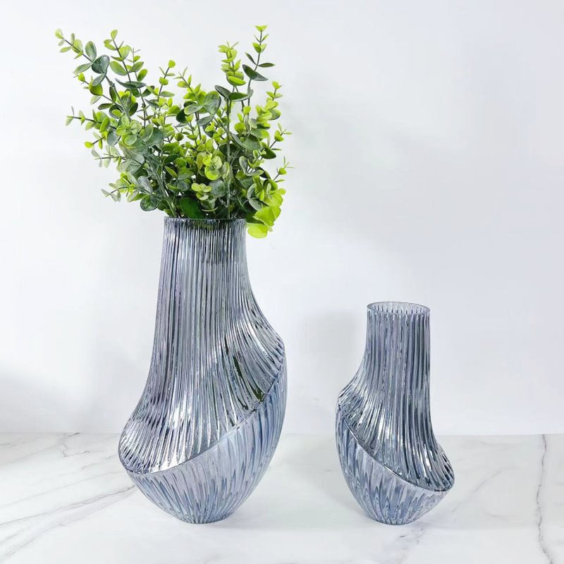 现代简约样板间水蓝条纹玻璃花瓶家居餐桌插花摆件软装饰品花器