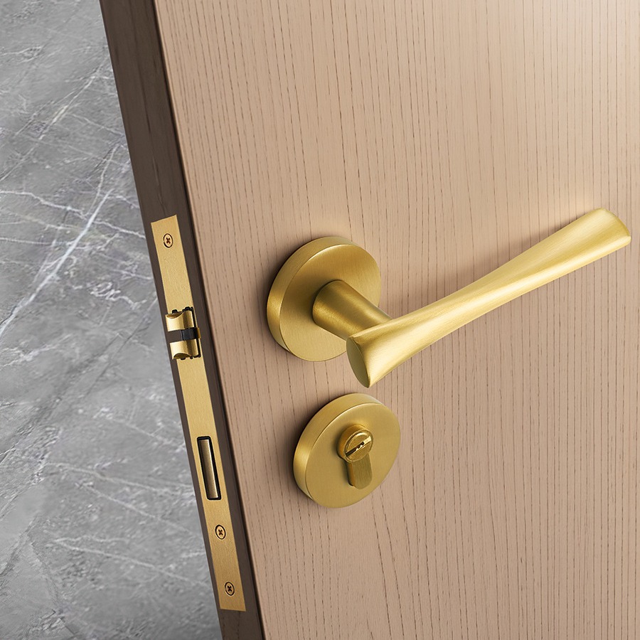 猎铜美式金色黄铜房门把手卧室内磁吸静音门锁通用型执手锁具房间