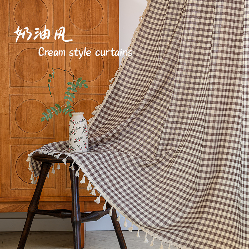 日式棉麻布艺格子成品窗帘小清新半遮光门帘隔断帘短帘厨房小帘子