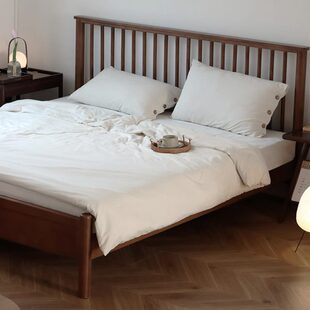 安在野实木榉木胡桃色温莎床双人床1.5米1.8米复古新中式主次卧床