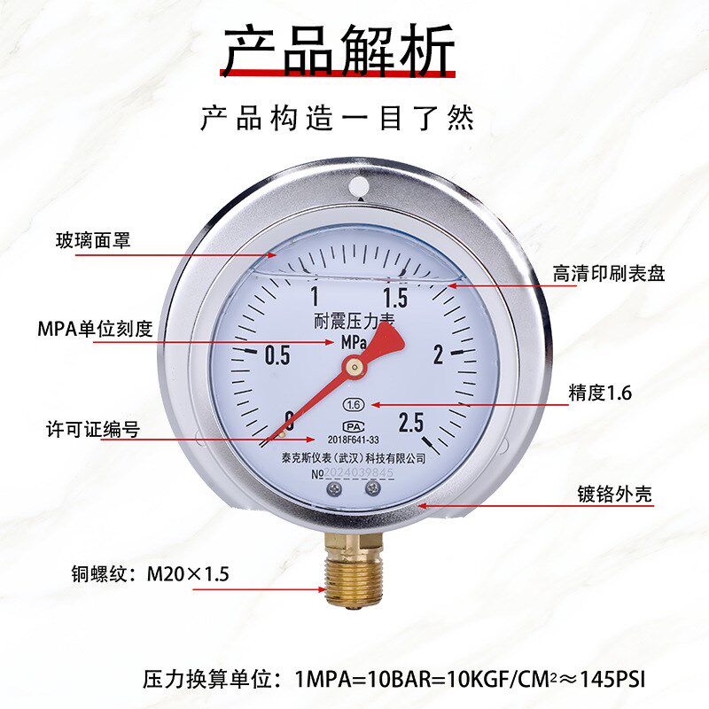 泰克斯 YN100T盘装面板安装油压液压负压真空表