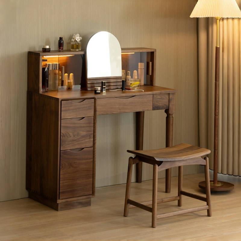 实木梳妆台卧室大容量化妆桌黑胡桃木化妆柜卧室多功能收纳柜书桌