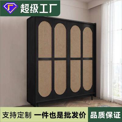 复古风实木推拉门衣柜家用卧室小户型衣服收纳柜子储物柜藤编衣橱