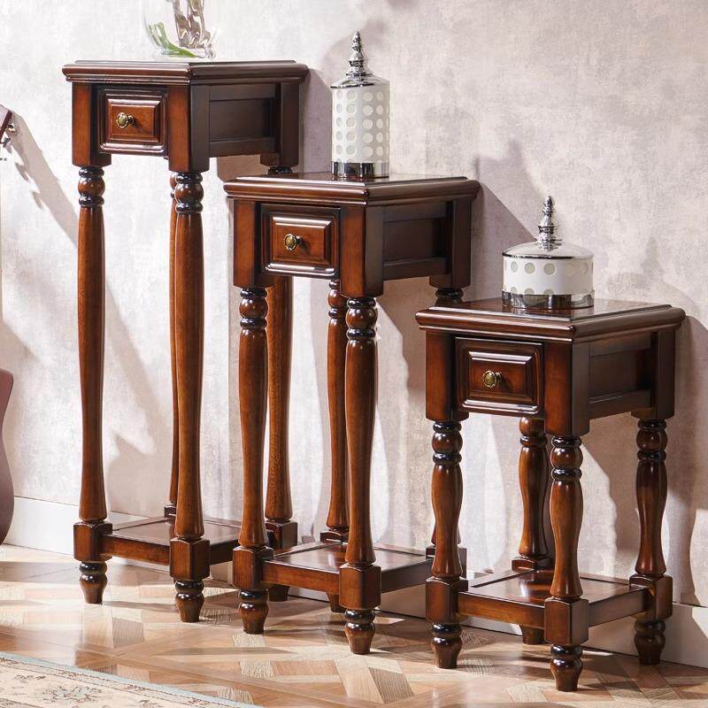 美式乡村仿古客厅带抽屉方花架置物三角架落地花几花台全实木花架