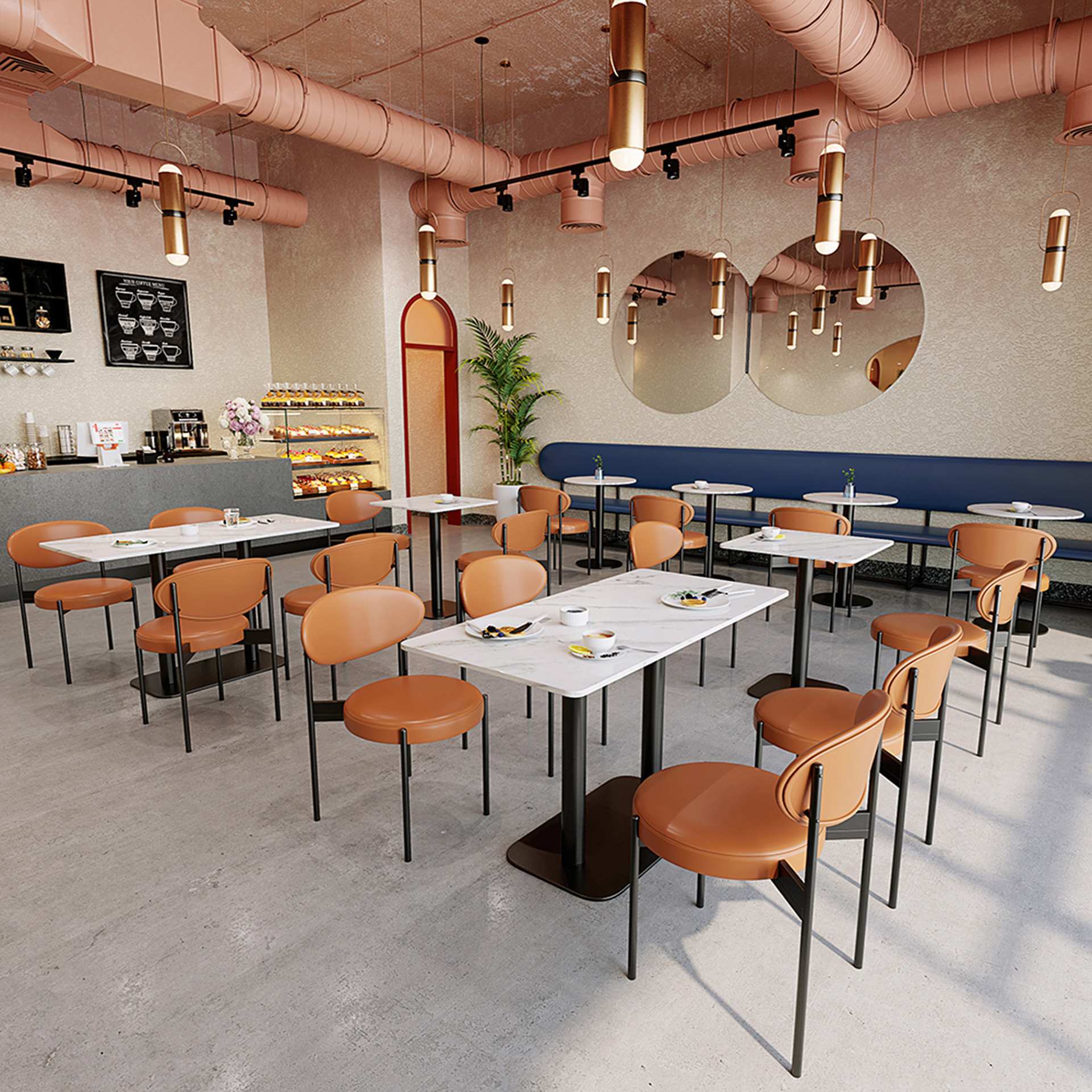 全店设计奶茶店桌椅连锁餐饮店餐厅铁艺简约卡座沙发餐桌组合