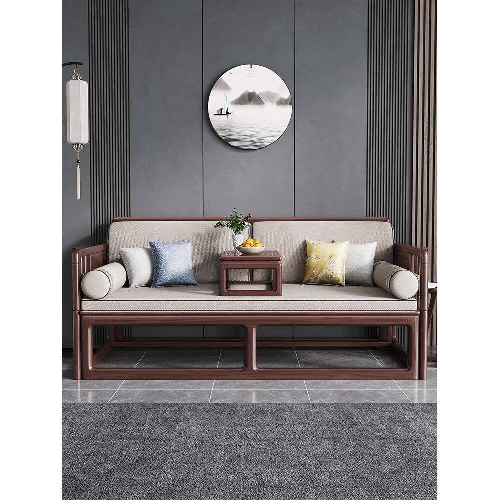 罗汉床新中式胡桃木实木推拉床茶桌椅组合沙发床两用伸缩折叠沙发