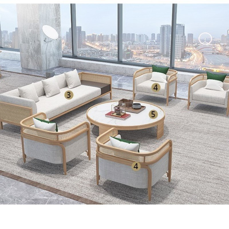 售楼处中式简约实木藤编卡座家具酒店民宿接待区洽谈沙发茶几组合