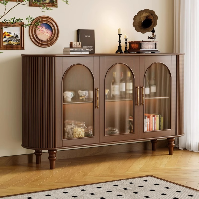 法式复古餐边柜实木中古咖啡茶水收纳置物柜卧室靠墙胡桃色斗柜子