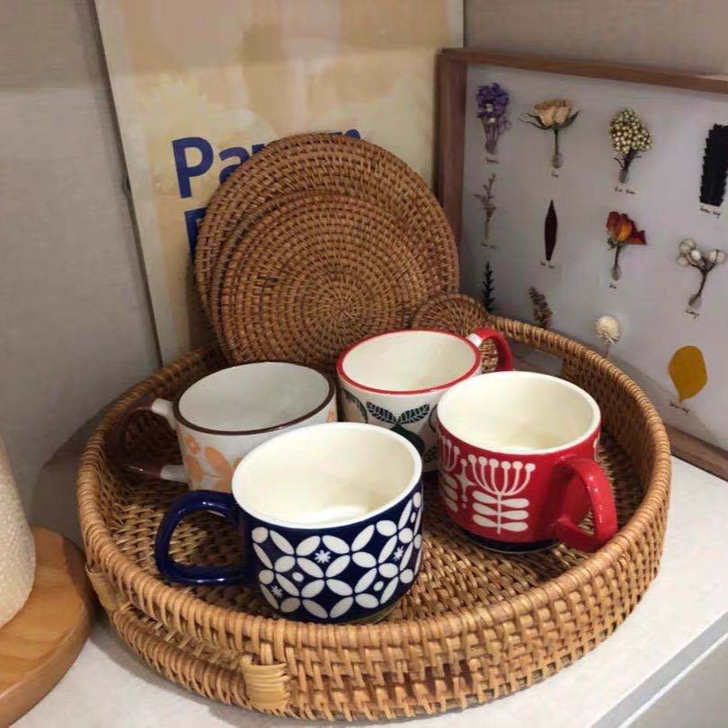 越南手工编织藤编草编水果盘果篮茶盘托盘圆形提手创意收纳篮客厅