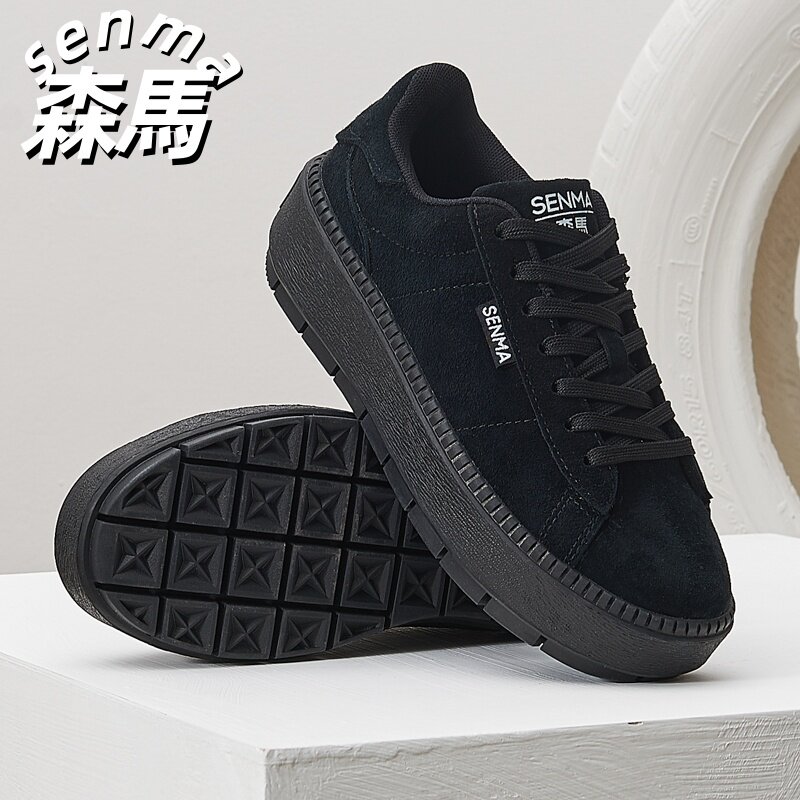 SENMA/森马女鞋黑色厚底增高板鞋复古百搭休闲松糕鞋低帮系带时尚