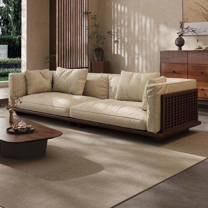 宋式美学黑胡桃实木棉麻布艺沙发新中式客厅直排四人位家用小户型