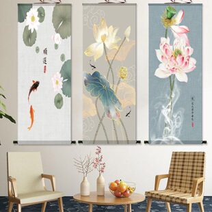 荷花图花鸟画卷轴画丝绸画绢画新中式轻奢挂画玄关装饰画鱼戏莲叶