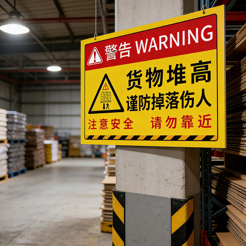 货物堆高谨防掉落伤人标识牌PVC