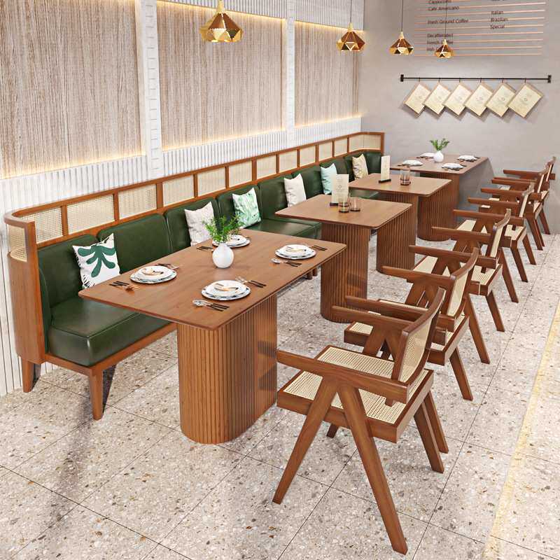 餐饮火锅店茶餐厅饭店清吧西餐厅桌椅组合编藤咖啡厅卡座坐垫实木
