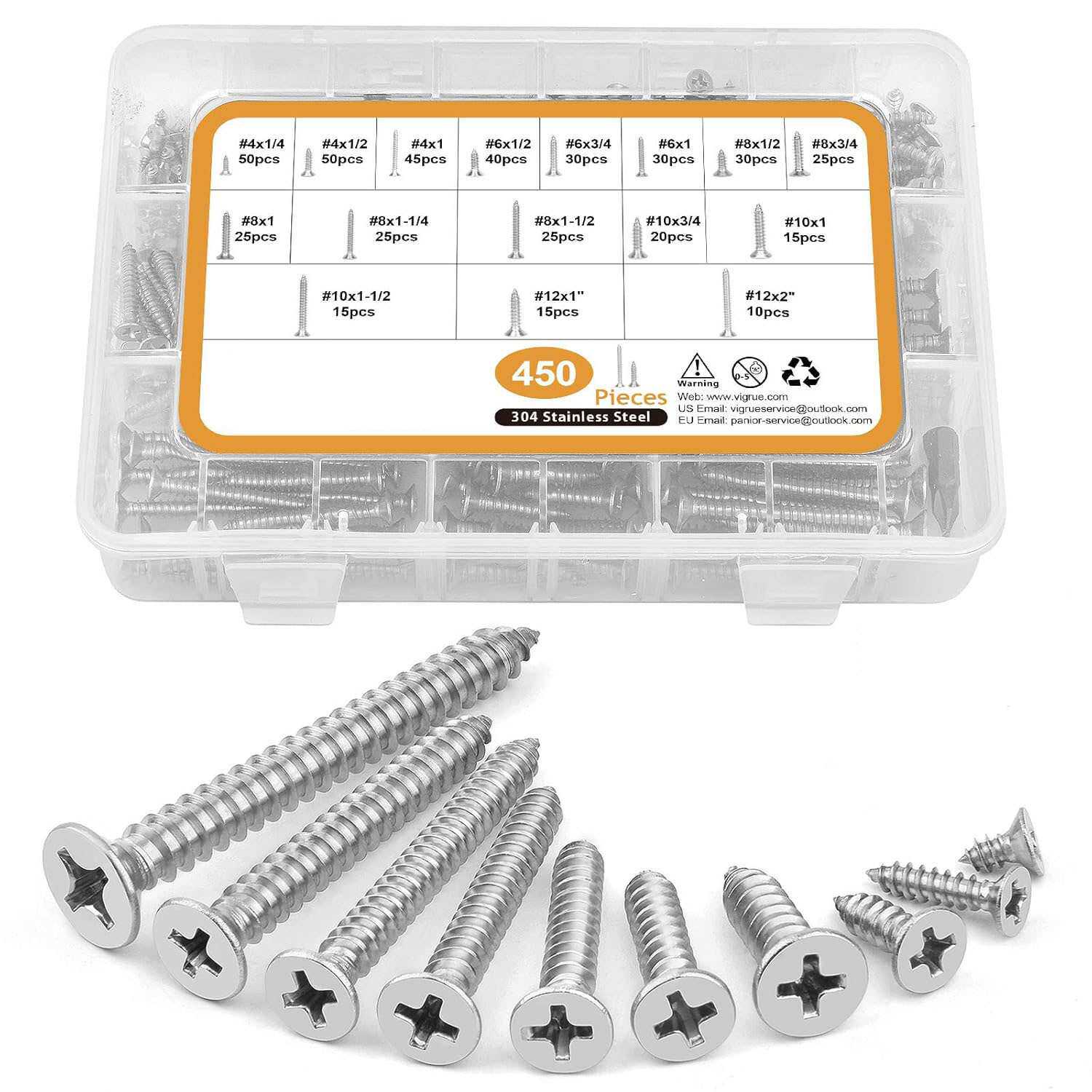 跨境货源450pcs460pcs510pcs304不锈钢十字圆头/沉头自攻螺丝套装