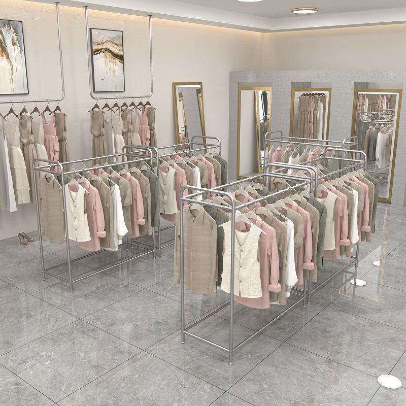 不锈钢服装店展示架双排中岛架落地双杠挂衣架可移动服装陈列货架