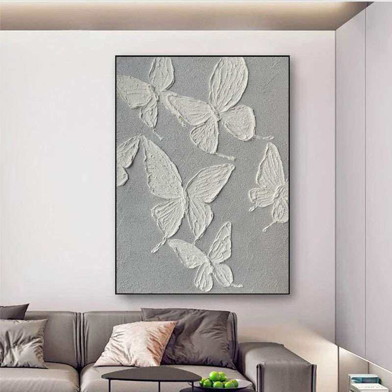 手绘油画白色蝴蝶客厅玄关装饰画石英砂肌理画抽象餐厅儿童房挂画