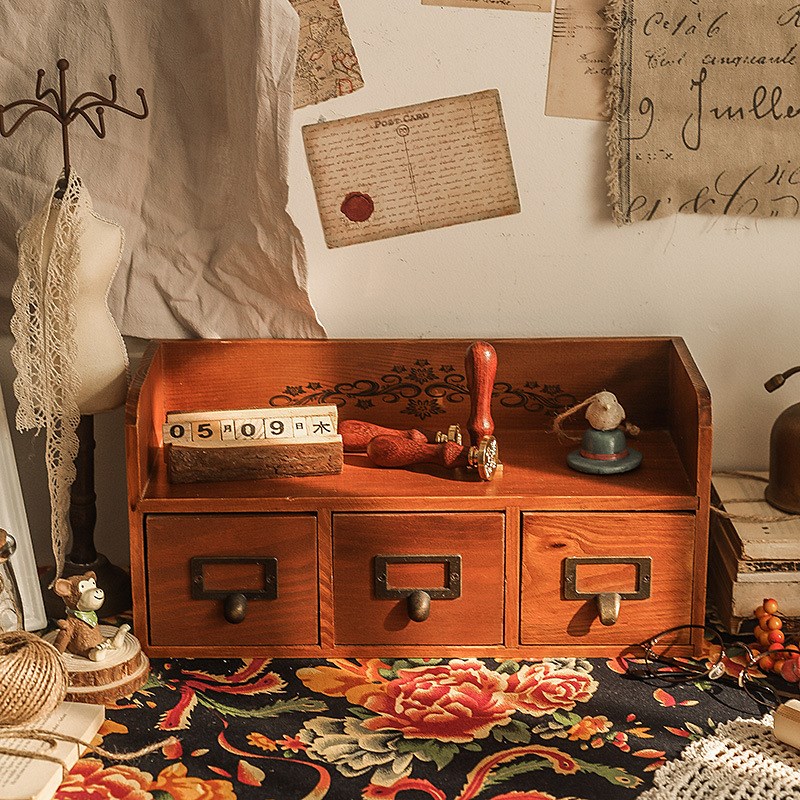 桌面收纳盒抽屉式学生办公室整理首饰杂物家用zakka木纹小置物架