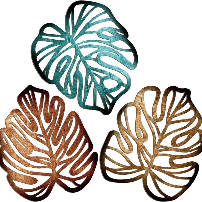 3件棕榈叶墙壁装饰木质悬挂雕塑复古挂件客厅办公室装饰工艺品