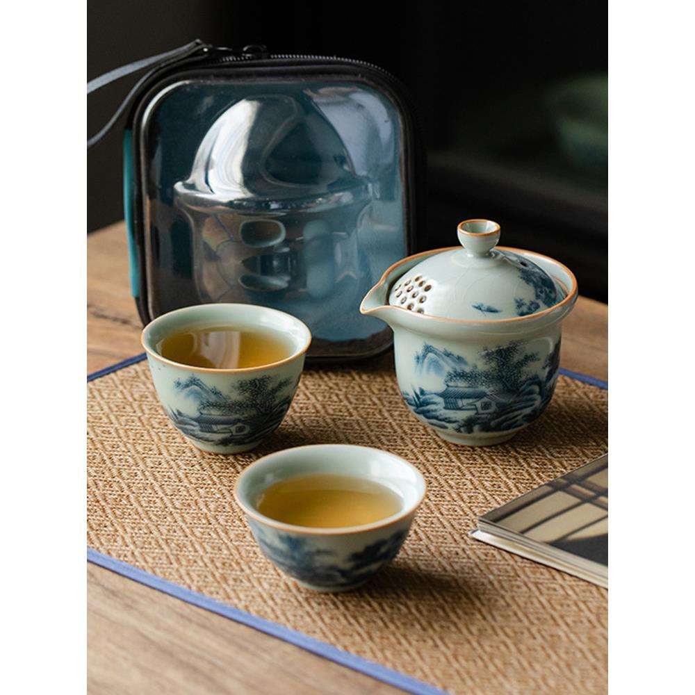 复古釉中彩青花汝窑天青功夫旅行茶具快客杯小套装便携包便携式