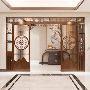 新中式实木屏风隔断客厅入户玄关柜置物架遮挡拱门月亮门隔房间