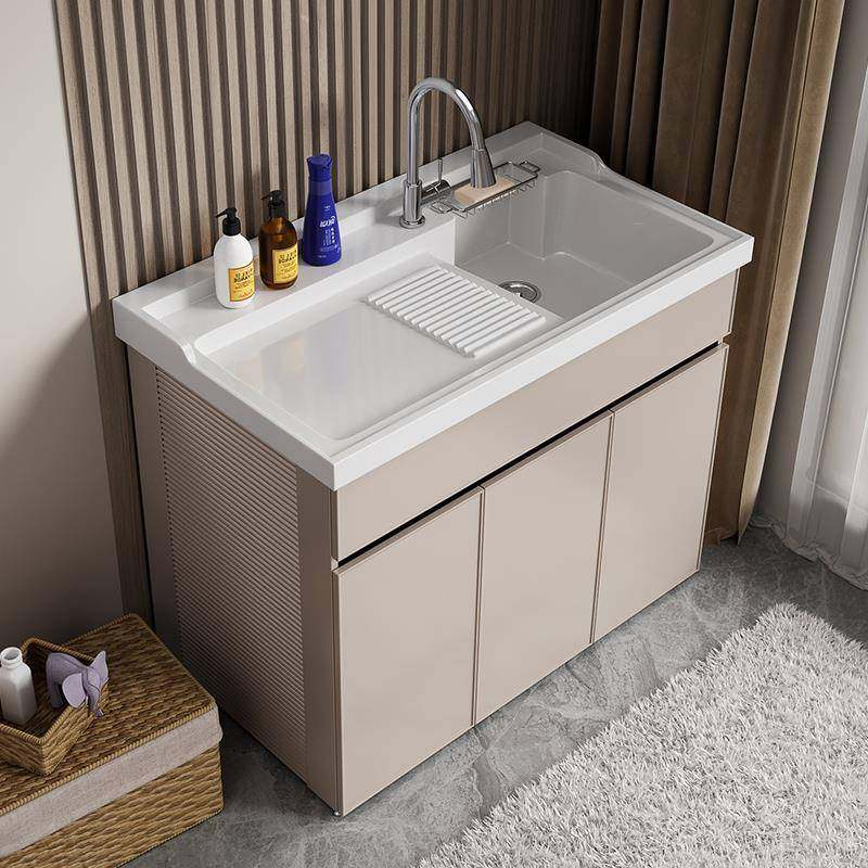 IL定制阳台太空铝洗衣柜带搓板浴室柜组合洗衣池洗手台盆一体柜