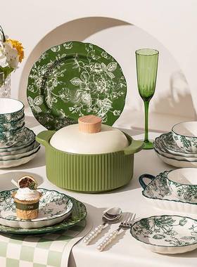 绿色玫瑰碗碟套装家用高级感送礼餐具釉下彩全套碗具碗盘陶瓷饭碗
