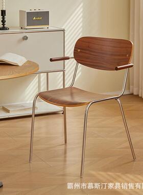 意式轻奢靠背椅简约复古金属/MESSI不锈钢胡桃木曲木座面扶手餐椅