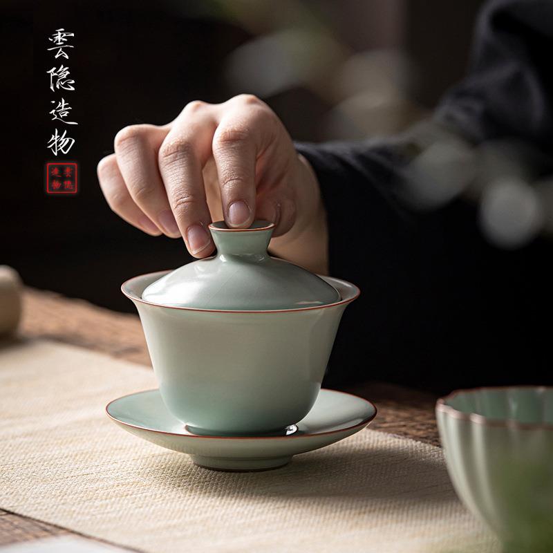 天青汝窑三才盖碗复古开片泡茶碗冰裂釉功夫盖杯汝瓷敬茶碗