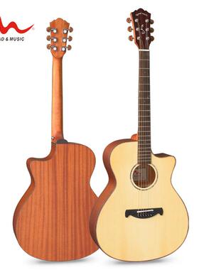 传音民谣吉他厂家直销41寸云杉面板缺角木吉他