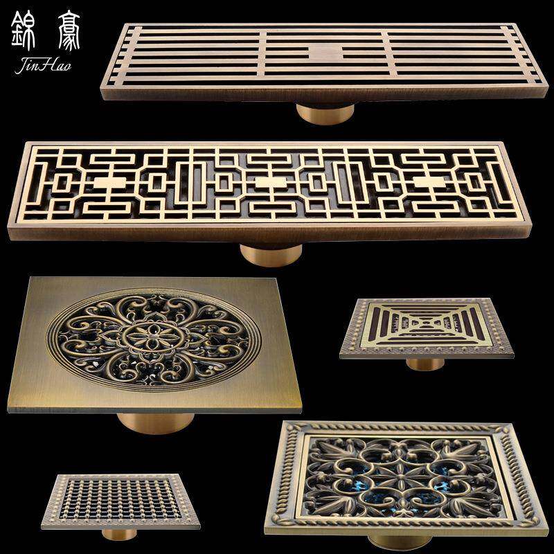 纯铜15*15仿古防臭地漏加长复古浴室防虫下水全铜30cm阳台排水器