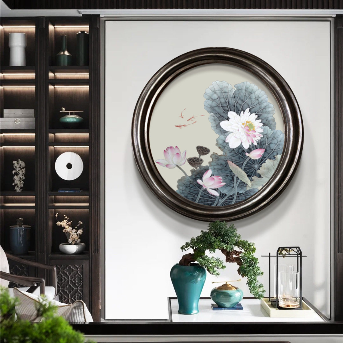 新中式玄关装饰画荷花油画圆形复古过道现代挂画入户酒店别墅壁画