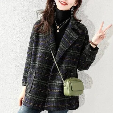 新款格子西装毛呢外套2024秋冬女韩版宽松复古格纹毛呢大衣